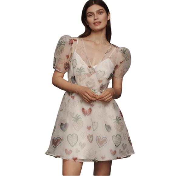 FARM Rio Sheer Puff-Sleeve Dress Printed Hearts Size Large NWT - Picture 2 of 7